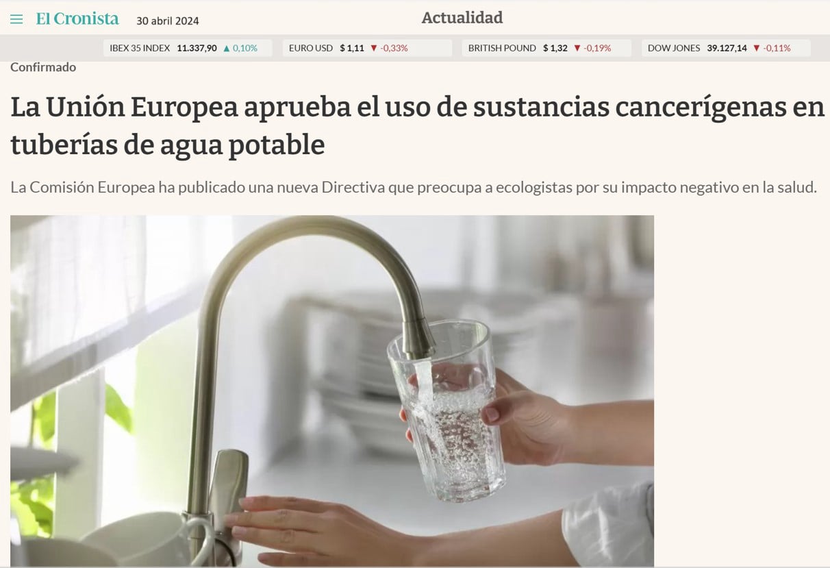 el cronista La Union Europea aprueba el uso de sustancias cancerígenas en tuberías de agua potable