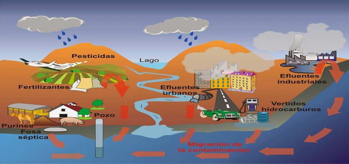 Entre los contaminantes destacamos los restos de la propia limpieza de la atmósfera, una de las funciones de la lluvia, los restos de gasolina, gas-oil o aceite. los residuos industriales, los pesticidas e insecticidas de los campos de cultivo o los purines de las granjas que se filtran en el subsuelos llegando a los acuíferos, etc.
