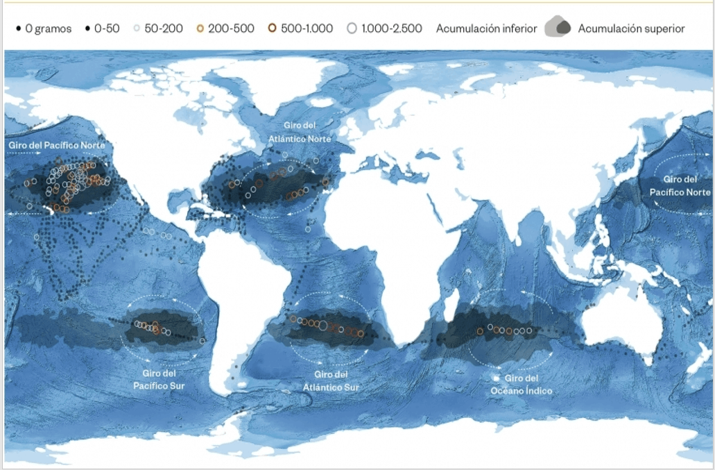 global Residuos plásticos en los océanos (concentración en gramos por km2)